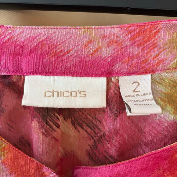 Chico’s Size 2 Sheer Tunic Blouse Pink Multicolor Abstract Print - Picture 3 of 4